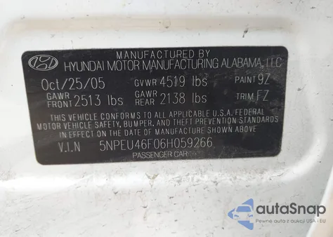 2006 Hyundai Sonata Gls V6/Lx V6 from USA, damaged, VIN 5NPEU46F06H059266